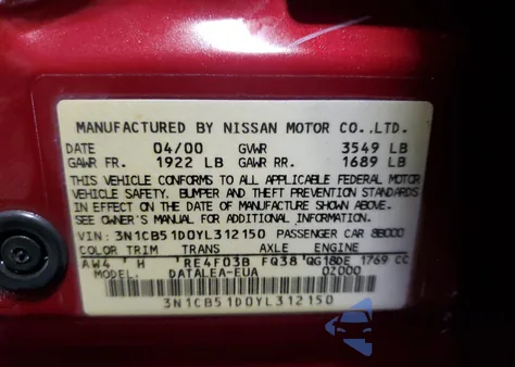 2000 Nissan Sentra Base z USA, uszkodzony, nr VIN 3N1CB51D0YL312150